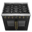 Forno Galiano 36-inch French Door Gas Range Black and Antique Brass Design, 6 Sealed Burners 83,000 BTU, 5.36 cu.ft. Convection Oven  FFSGS6444-36BLK