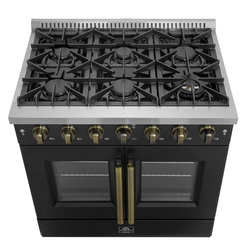 Forno Galiano 36-inch French Door Gas Range Black and Antique Brass Design, 6 Sealed Burners 83,000 BTU, 5.36 cu.ft. Convection Oven  FFSGS6444-36BLK