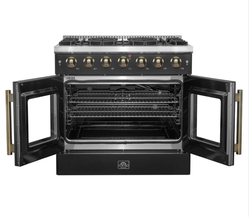 Forno Galiano 36-inch French Door Gas Range Black and Antique Brass Design, 6 Sealed Burners 83,000 BTU, 5.36 cu.ft. Convection Oven  FFSGS6444-36BLK