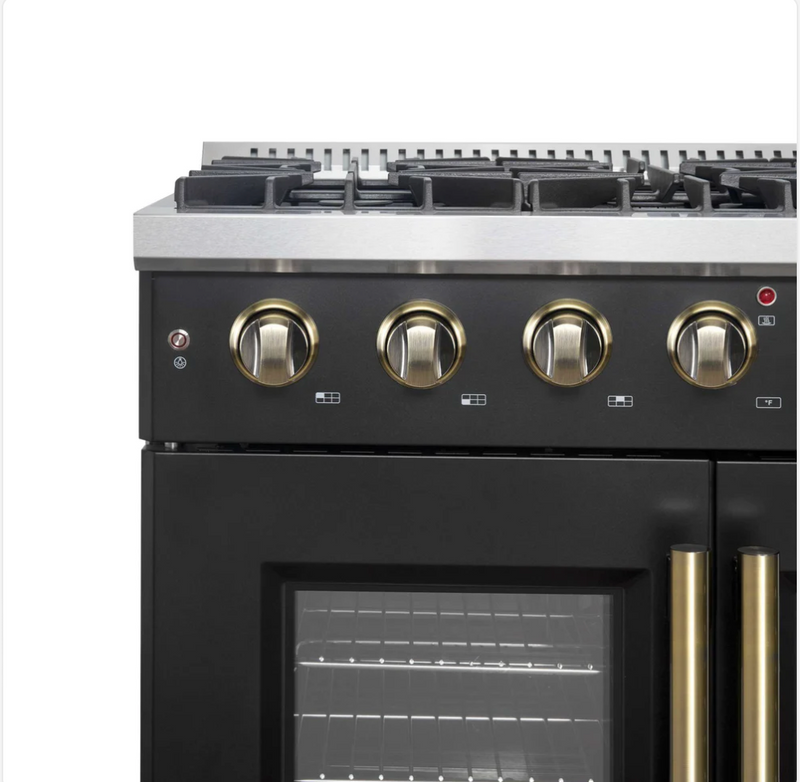 Forno Galiano 36-inch French Door Gas Range Black and Antique Brass Design, 6 Sealed Burners 83,000 BTU, 5.36 cu.ft. Convection Oven  FFSGS6444-36BLK