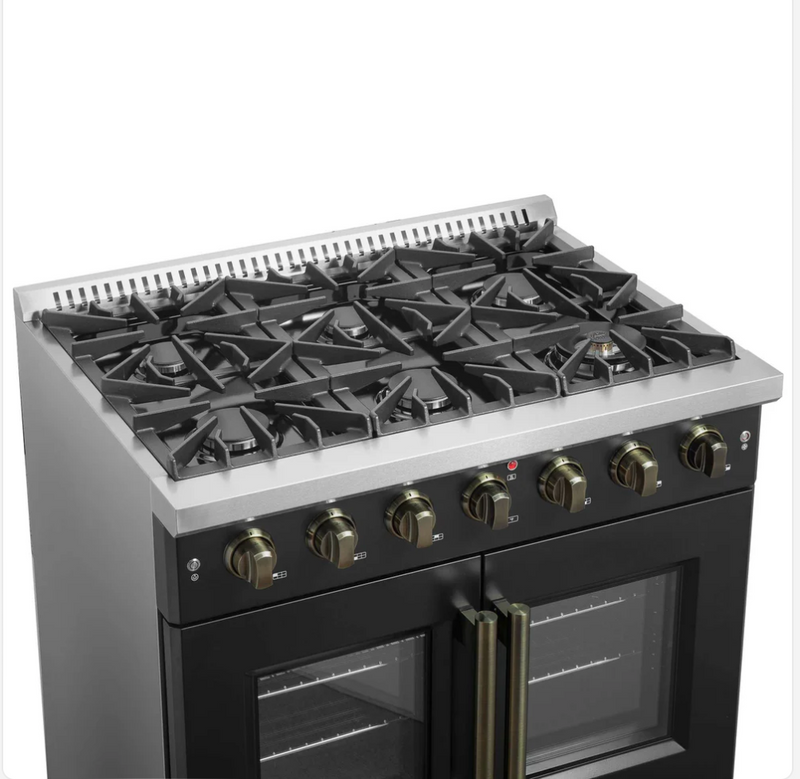 Forno Galiano 36-inch French Door Gas Range Black and Antique Brass Design, 6 Sealed Burners 83,000 BTU, 5.36 cu.ft. Convection Oven  FFSGS6444-36BLK