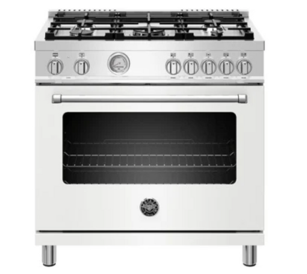 Bertazzoni  MAST365DFMXELP 36 Inch Freestanding Dual Fuel Range with 5 Sealed Burners, 5.9 Cu. Ft. Oven Capacity, Continuous Grates, 6-Pass Electric Broiler, Elegant Temperature Gauge, 19000 BTU Power Burners, and CSA Certified: Stainless Steel