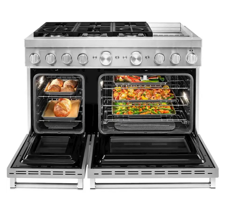 KitchenAid - 6.3 Cu. Ft. Freestanding Double Oven Dual Fuel True Convection Range with Self-Cleaning - Stainless steel Model: KFDC558JSS