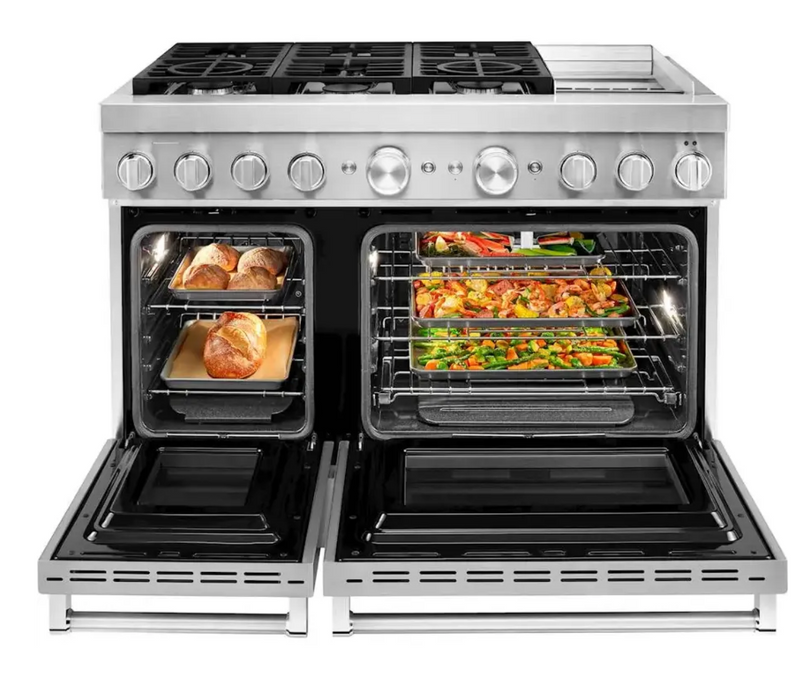 KitchenAid - 6.3 Cu. Ft. Freestanding Double Oven Dual Fuel True Convection Range with Self-Cleaning - Stainless steel Model: KFDC558JSS