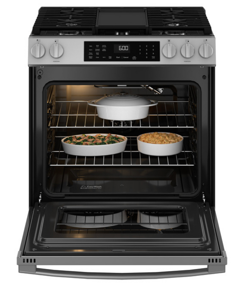 GE® 30" Slide-In Front-Control Convection Gas Range with No Preheat Air Fry and EasyWash™ Oven Tray