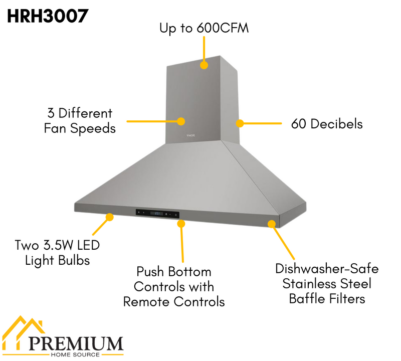 THOR Kitchen 30 in. Wall Mount LED Light Range Hood in Stainless Steel, HRH3007