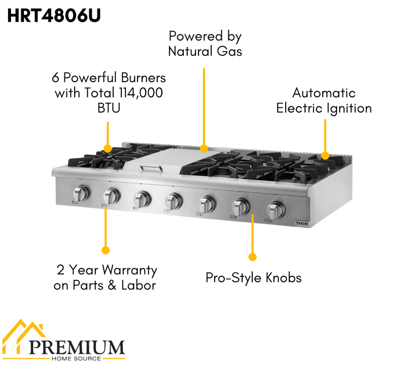 THOR Kitchen 48 inch Gas Professional Rangetop in Stainless Steel, HRT4806U