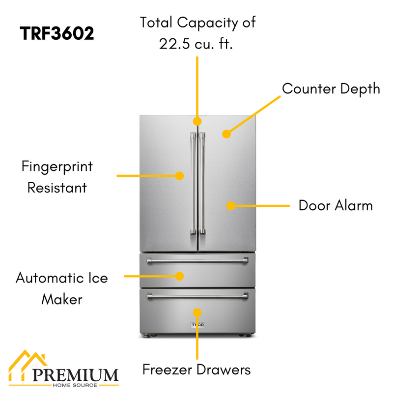 THOR Kitchen Professional 36 In. Counter Depth 22.5 cu. ft. Refrigerator Stainless Steel, TRF3602