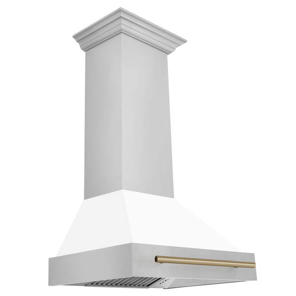 ZLINE 30 Inch Autograph Edition Range Hood with White Matte Shell and Champagne Bronze Handle, 8654STZ-WM30-CB