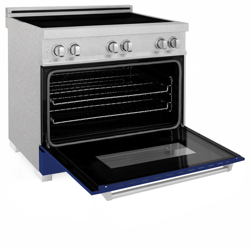 ZLINE 36 In. 4.6 cu. ft. Induction Range with a 4 Element Stove and Electric Oven in Durasnow and Blue Gloss, RAINDS-BG-36