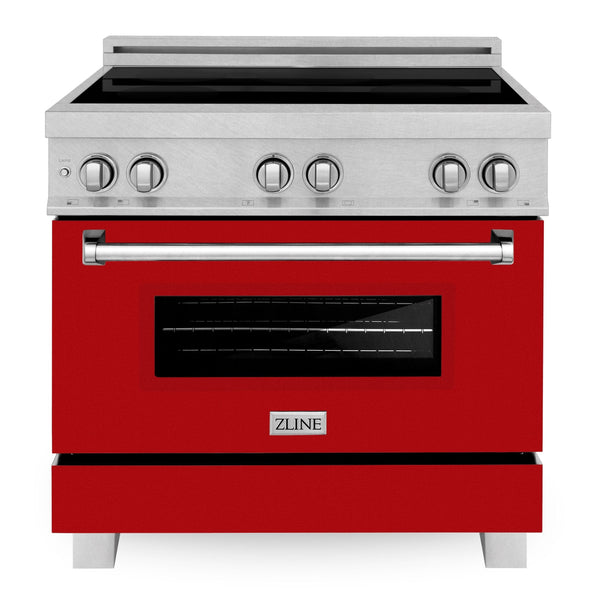 ZLINE 36 In. 4.6 cu. ft. Induction Range with a 4 Element Stove and Electric Oven in Durasnow and Red Gloss, RAINDS-RG-36