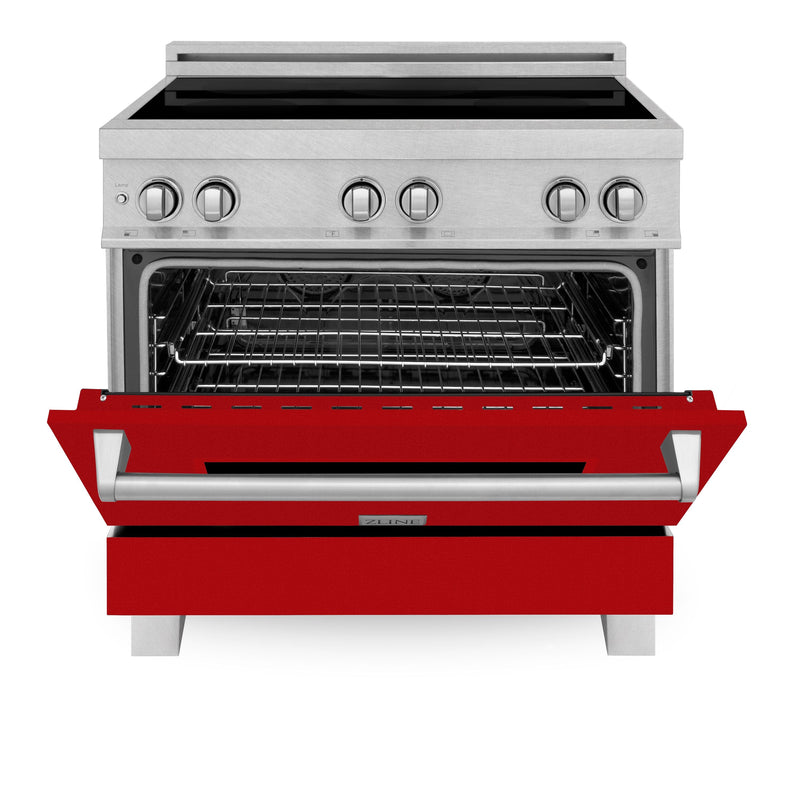 ZLINE 36 In. 4.6 cu. ft. Induction Range with a 4 Element Stove and Electric Oven in Durasnow and Red Gloss, RAINDS-RG-36