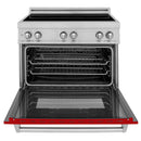 ZLINE 36 In. 4.6 cu. ft. Induction Range with a 4 Element Stove and Electric Oven in Durasnow and Red Gloss, RAINDS-RG-36