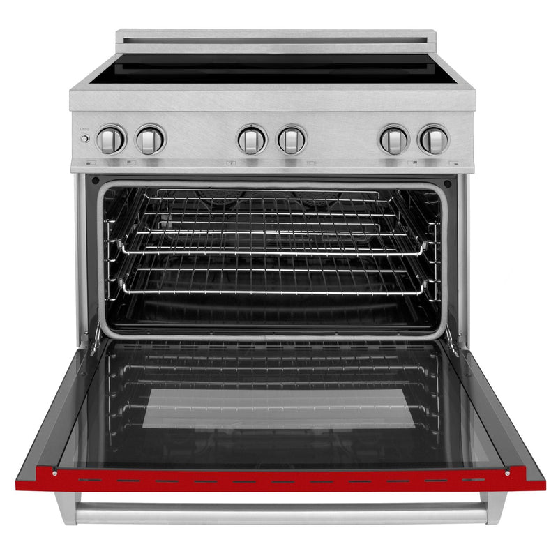 ZLINE 36 In. 4.6 cu. ft. Induction Range with a 4 Element Stove and Electric Oven in Durasnow and Red Gloss, RAINDS-RG-36