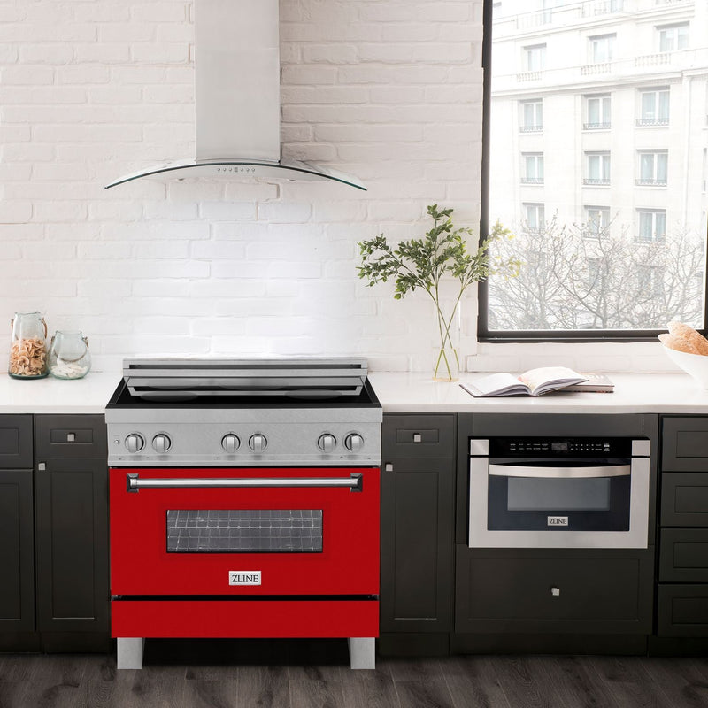 ZLINE 36 In. 4.6 cu. ft. Induction Range with a 4 Element Stove and Electric Oven in Durasnow and Red Gloss, RAINDS-RG-36