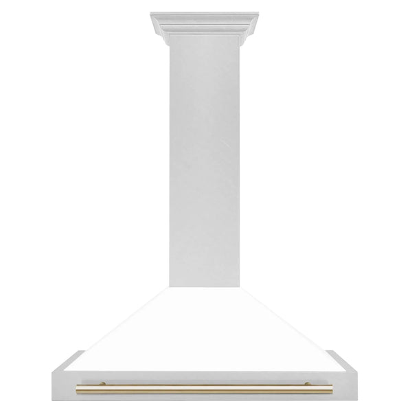 ZLINE 36 In Autograph Edition DuraSnow® Stainless Steel Range Hood with White Matte Shell and Gold Handle, KB4SNZ-WM36-G