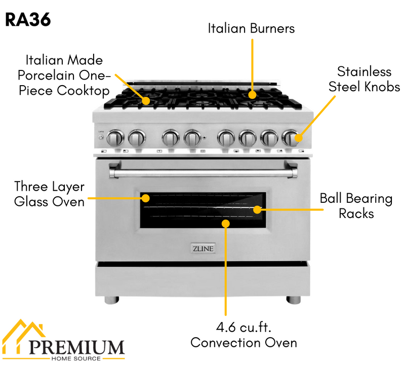 ZLINE Kitchen and Bath 36 in. Professional Gas Burner/Electric Oven Stainless Steel Range, RA36
