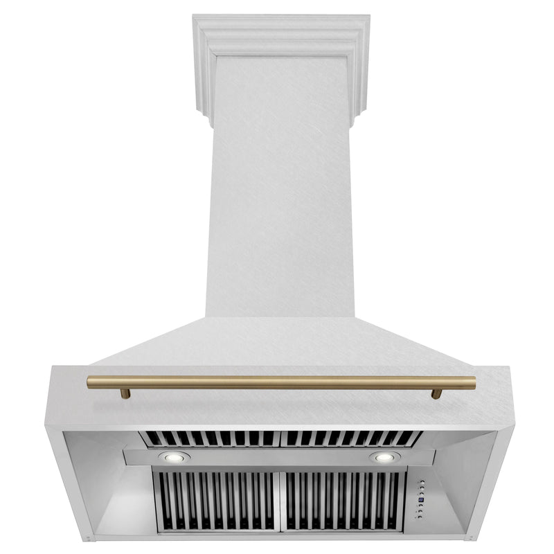 ZLINE Autograph 36 Inch DuraSnow® Stainless Steel Range Hood with DuraSnow® Shell and Champagne Bronze Handle, 8654SNZ-36-CB