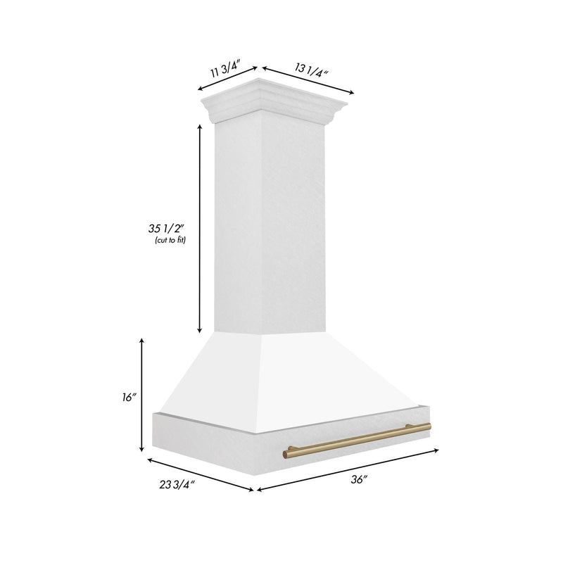 ZLINE Autograph 36 Inch DuraSnow® Stainless Steel Range Hood with White Matte Shell and Champagne Bronze Handle, 8654SNZ-WM36-CB