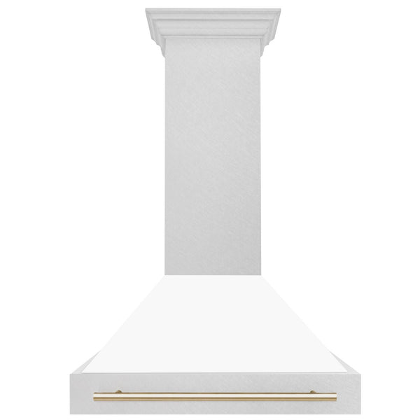 ZLINE Autograph 36 Inch DuraSnow® Stainless Steel Range Hood with White Matte Shell and Gold Handle, 8654SNZ-WM36-G