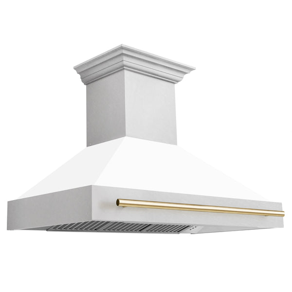 ZLINE Autograph 48 Inch DuraSnow® Stainless Steel Range Hood with White Matte Shell and Gold Handle, 8654SNZ-WM48-G