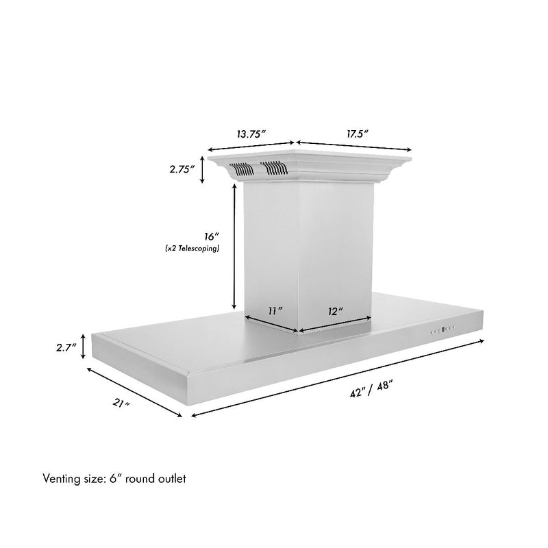 ZLINE 48 in. Island Mount Range Hood in Stainless Steel with Built-in CrownSound‚ Bluetooth Speakers, KE2iCRN-BT-48