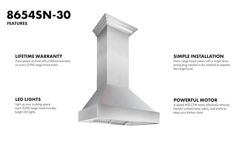 ZLINE 30 in. DuraSnow® Stainless Steel Range Hood with DuraSnow® Shell, 8654SN-30