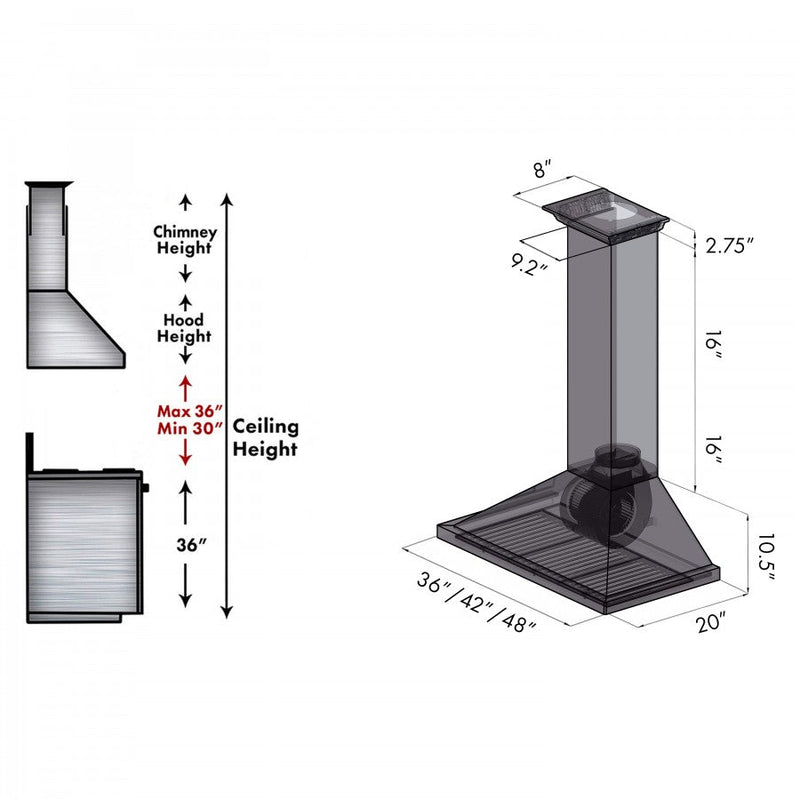 ZLINE 42 in. Stainless Steel Wall Range Hood with Built-in CrownSound® Bluetooth Speakers, KBCRN-BT-42