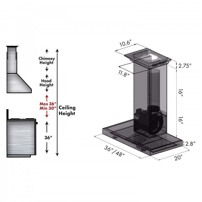 ZLINE 36 in. Stainless Steel Wall Range Hood with Built-in CrownSound® Bluetooth Speakers, KECRN-BT-36