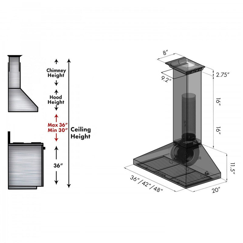 ZLINE 42 in. Stainless Steel Wall Range Hood with Built-in CrownSound® Bluetooth Speakers, KL3CRN-BT-42