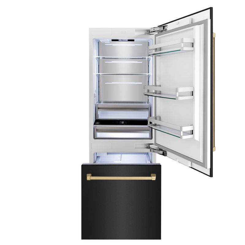 ZLINE 30" Built-in Refrigerator with Internal Water & Ice Dispenser in Black Stainless, Bronze Accents