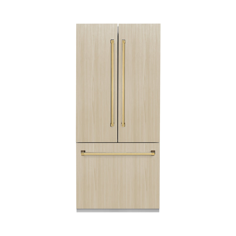 ZLINE Autograph 36" 19.6 cu. ft. Panel Ready French Door Built-In Bottom Freezer Refrigerator with Water Dispenser and Ice Maker with Graphite Gray Interior and Polished Gold Accents, GRBIVZ-36-G
