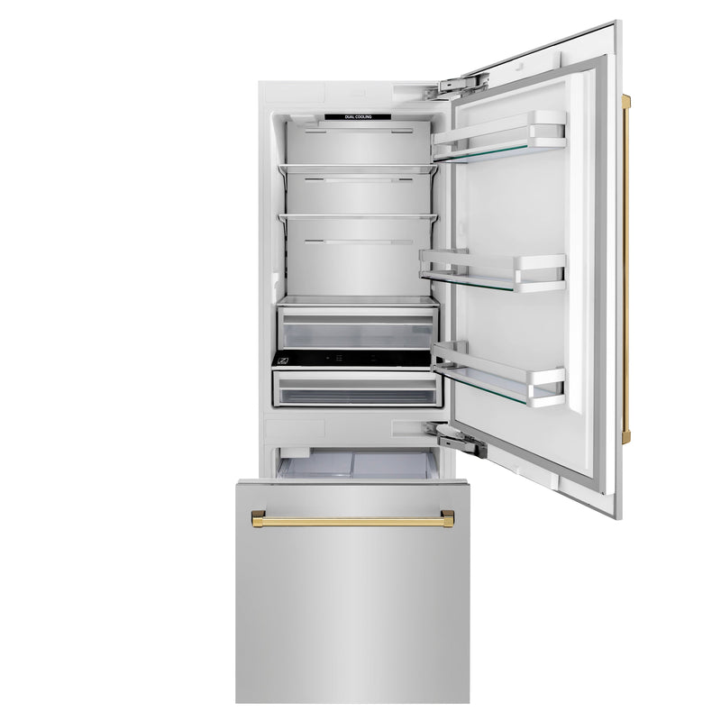 ZLINE Autograph 30 In. 16.1 cu. ft. Built-In Refrigerator with Internal Water and Ice Dispenser with Gold Accents, RBIVZ-304-30-G