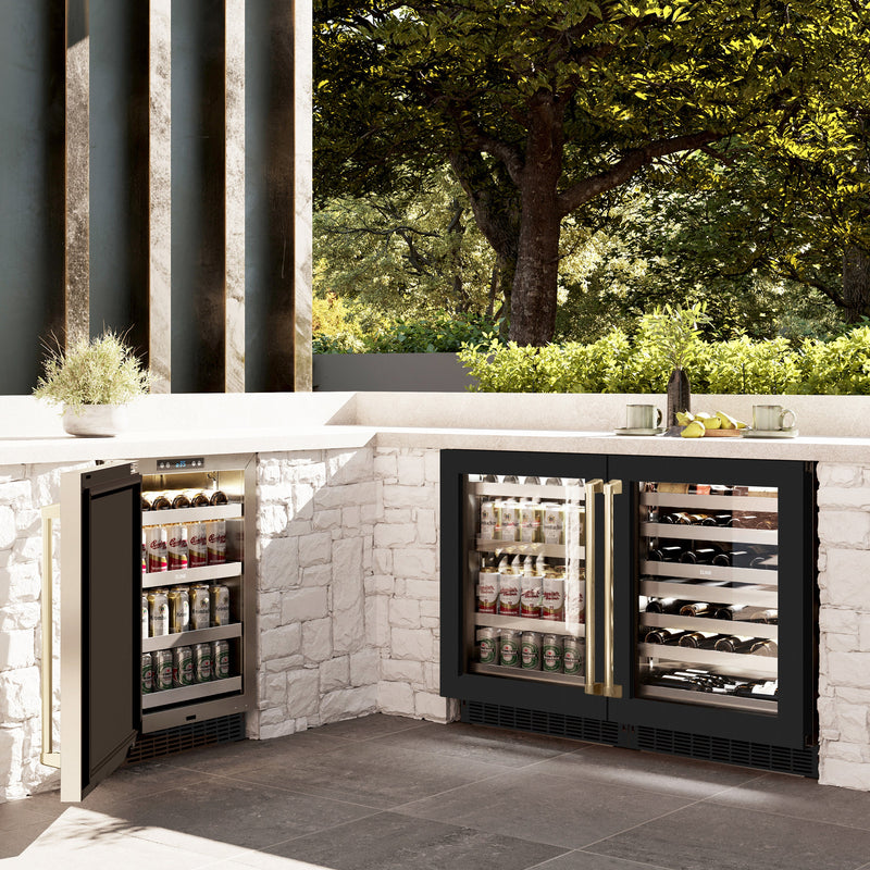 ZLINE Autograph 24" Touchstone 151 Can Beverage Fridge with Black Matte Glass Door and Champagne Bronze Handle, RBSOZ-BLM-24-CB