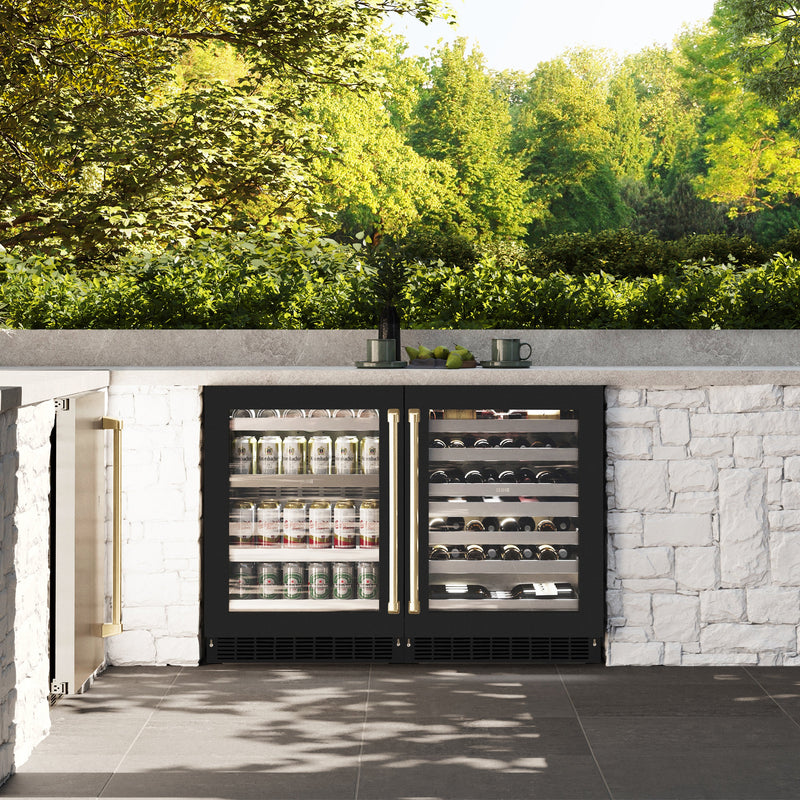 ZLINE Autograph 24" Touchstone 151 Can Beverage Fridge with Black Matte Glass Door and Champagne Bronze Handle, RBSOZ-BLM-24-CB