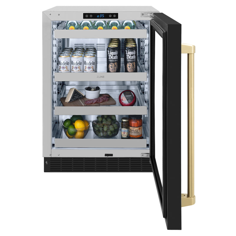 ZLINE Autograph 24" Touchstone 151 Can Beverage Fridge with Black Matte Glass Door and Champagne Bronze Handle, RBSOZ-BLM-24-CB