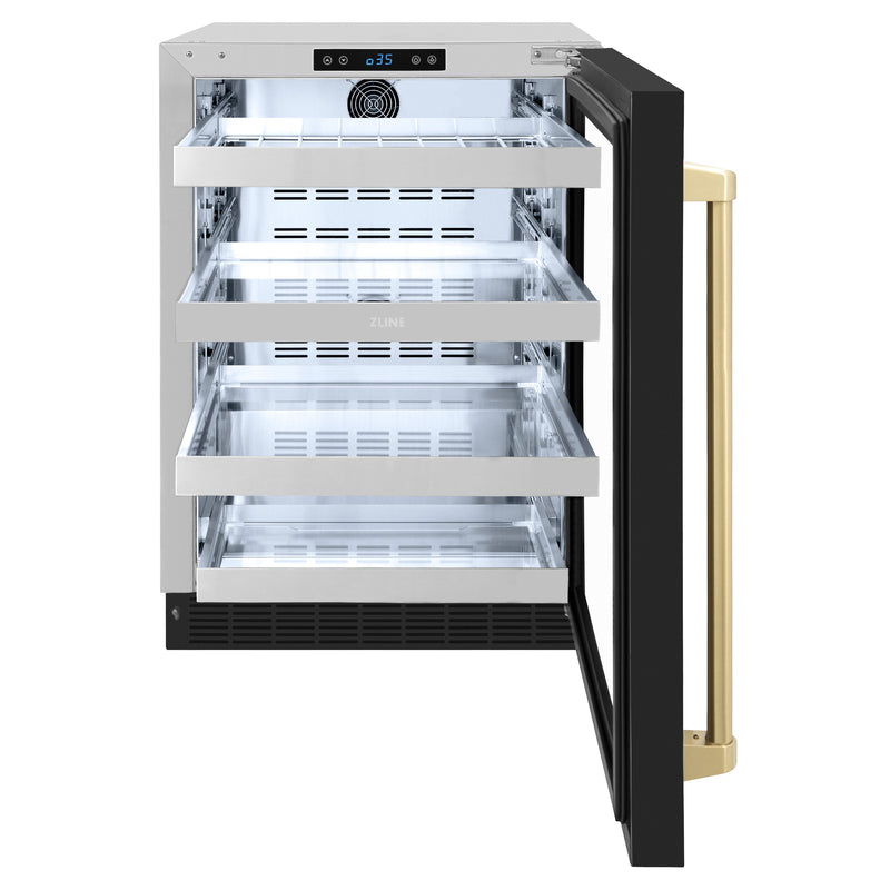 ZLINE Autograph 24" Touchstone 151 Can Beverage Fridge with Black Matte Glass Door and Champagne Bronze Handle, RBSOZ-BLM-24-CB