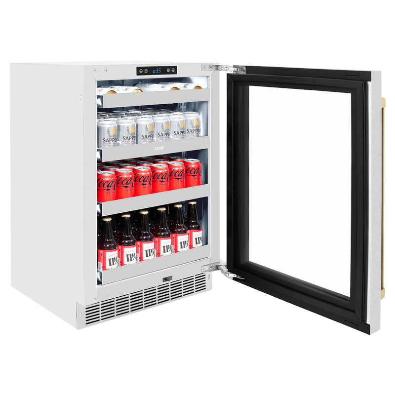 ZLINE Autograph 24" Touchstone 151 Can Beverage Fridge with DuraSnow® Stainless Steel Glass Door and Champagne Bronze Handle, RBSOZ-SN-24-CB