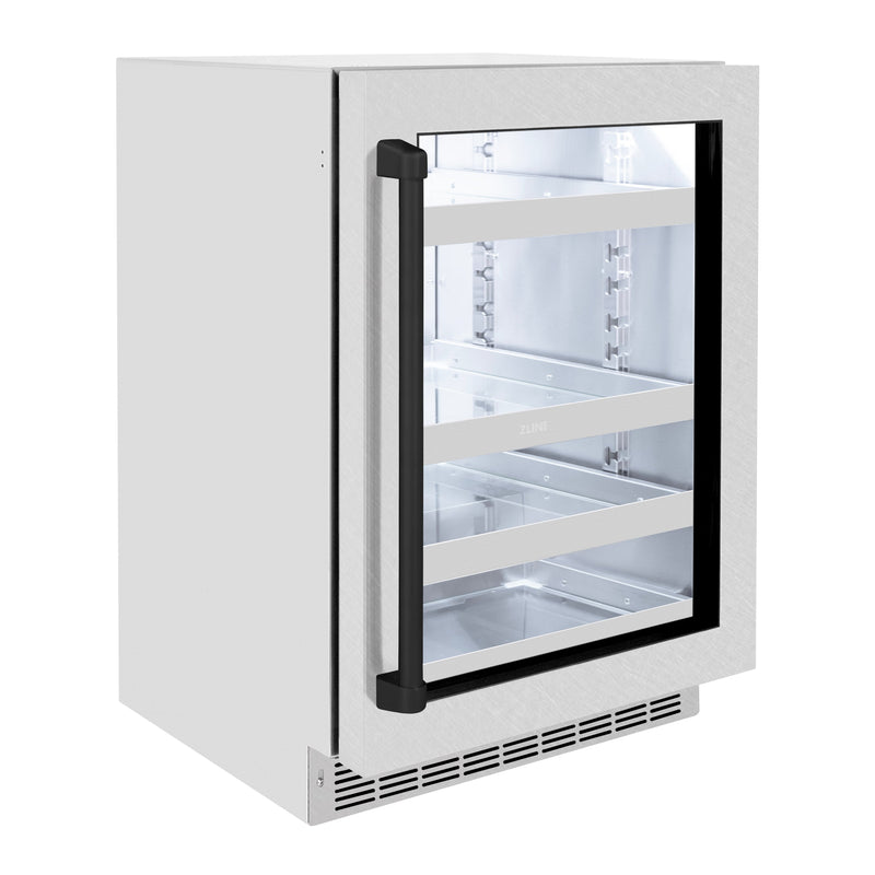 ZLINE Autograph 24" Touchstone 151 Can Beverage Fridge with DuraSnow® Stainless Steel Glass Door and Matte Black Handle, RBSOZ-SN-24-MB