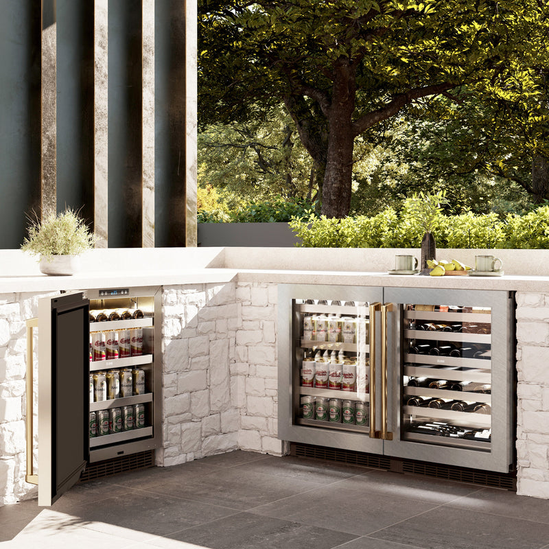 ZLINE Autograph 24" Touchstone Dual Zone 44 Bottle Wine Cooler with DuraSnow® Stainless Steel Glass Door and Polished Gold Handle, RWDOZ-SN-24-G