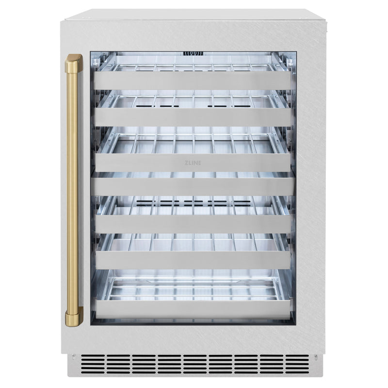 ZLINE Autograph 24" Touchstone Dual Zone 44 Bottle Wine Cooler with DuraSnow® Stainless Steel Glass Door and Champagne Bronze Handle, RWDOZ-SN-24-CB