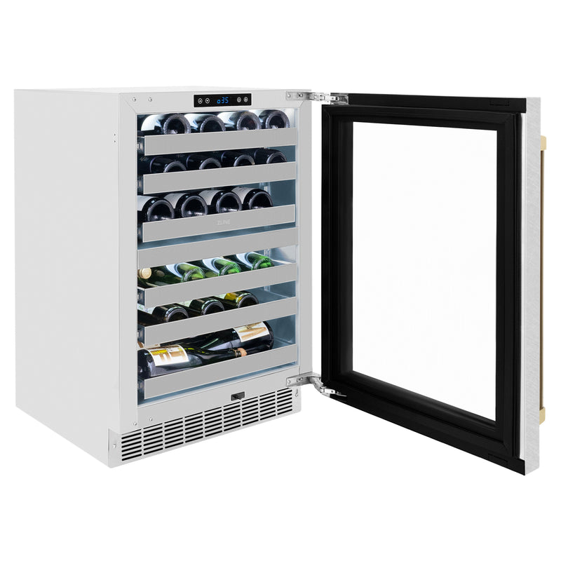ZLINE Autograph 24" Touchstone Dual Zone 44 Bottle Wine Cooler with DuraSnow® Stainless Steel Glass Door and Champagne Bronze Handle, RWDOZ-SN-24-CB