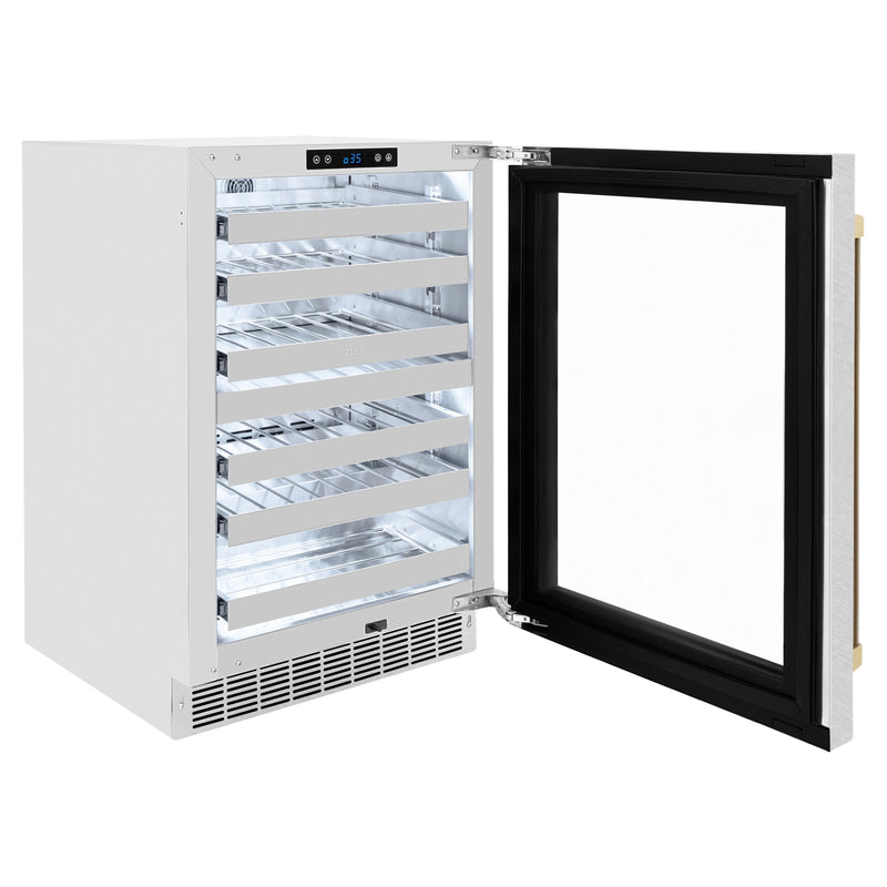 ZLINE Autograph 24" Touchstone Dual Zone 44 Bottle Wine Cooler with DuraSnow® Stainless Steel Glass Door and Champagne Bronze Handle, RWDOZ-SN-24-CB