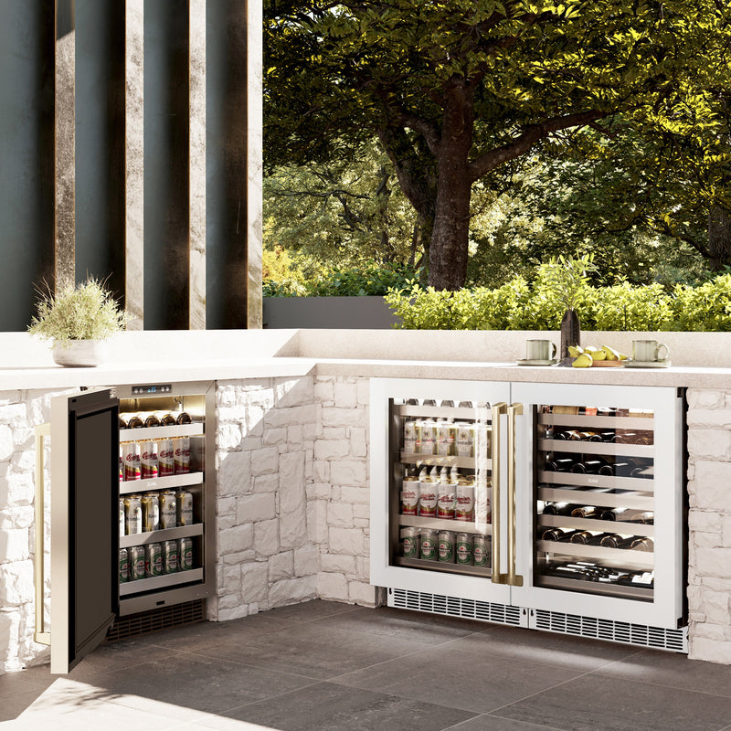 ZLINE Autograph 24" Touchstone 151 Can Beverage Fridge with White Matte Glass Door and Champagne Bronze Handle, RBSOZ-WM-24-CB