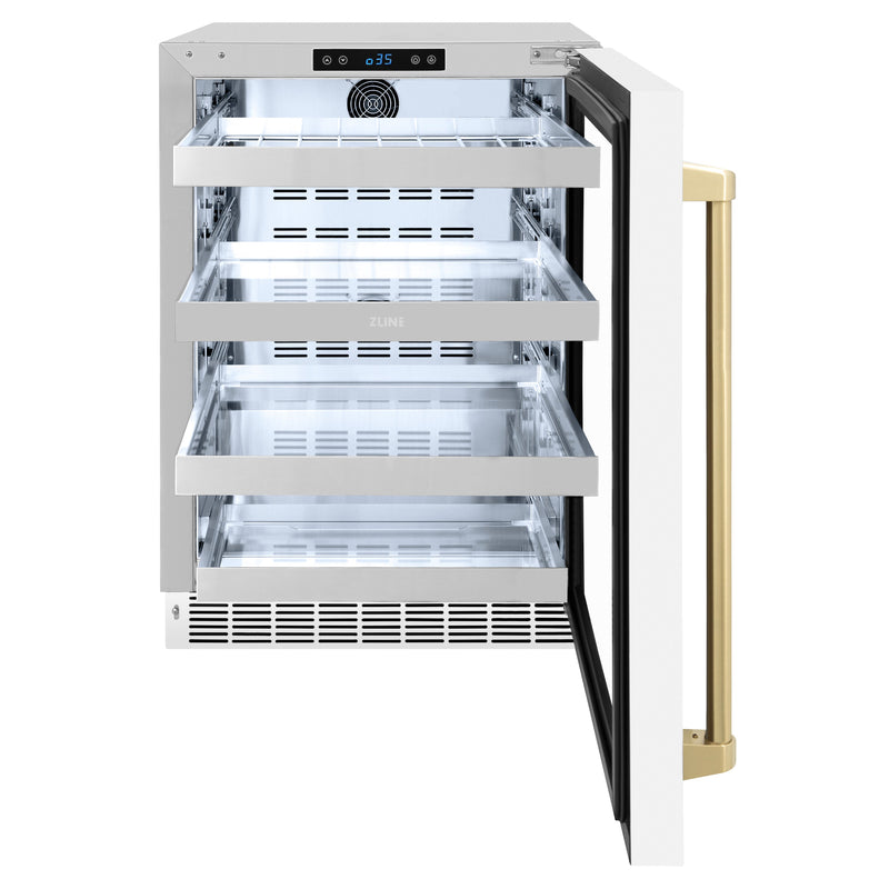 ZLINE Autograph 24" Touchstone 151 Can Beverage Fridge with White Matte Glass Door and Champagne Bronze Handle, RBSOZ-WM-24-CB