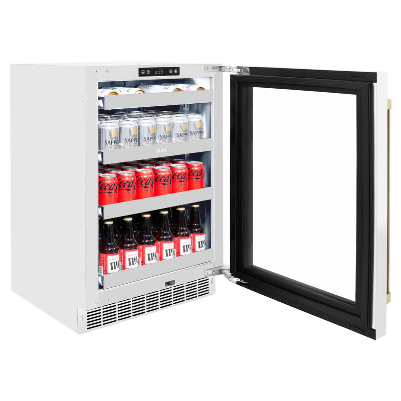 ZLINE Autograph 24" Touchstone 151 Can Beverage Fridge with White Matte Glass Door and Champagne Bronze Handle, RBSOZ-WM-24-CB