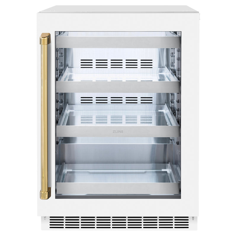 ZLINE Autograph 24" Touchstone 151 Can Beverage Fridge with White Matte Glass Door and Polished Gold Handle, RBSOZ-WM-24-G