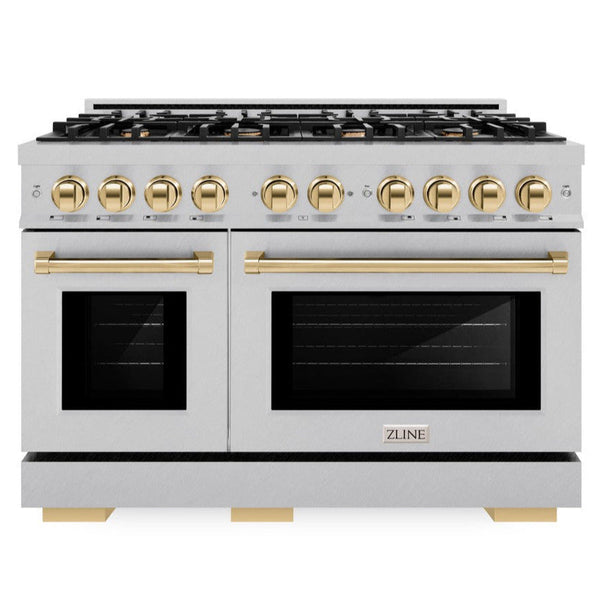 ZLINE Autograph 48" 6.7 cu. ft. Select Double Oven Dual Fuel Range with 8 Burners in DuraSnow® Stainless Steel and Polished Gold Accents, HDRSZ-48-G
