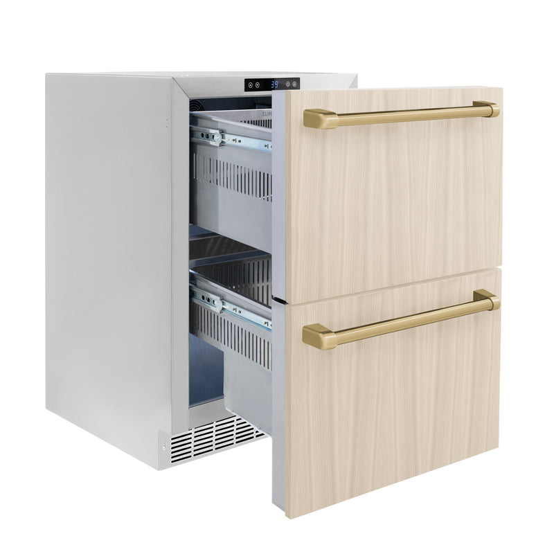 ZLINE Autograph 24" Touchstone 168 Can Outdoor-Rated Refrigerator Drawer with Panel Ready Doors and 2 Champagne Bronze Handles, RDSPOZ-24-CB