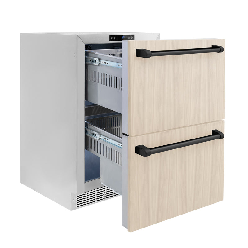ZLINE Autograph 24" Touchstone 168 Can Outdoor-Rated Refrigerator Drawer with Panel Ready Doors and 2 Matte Black Handles, RDSPOZ-24-MB